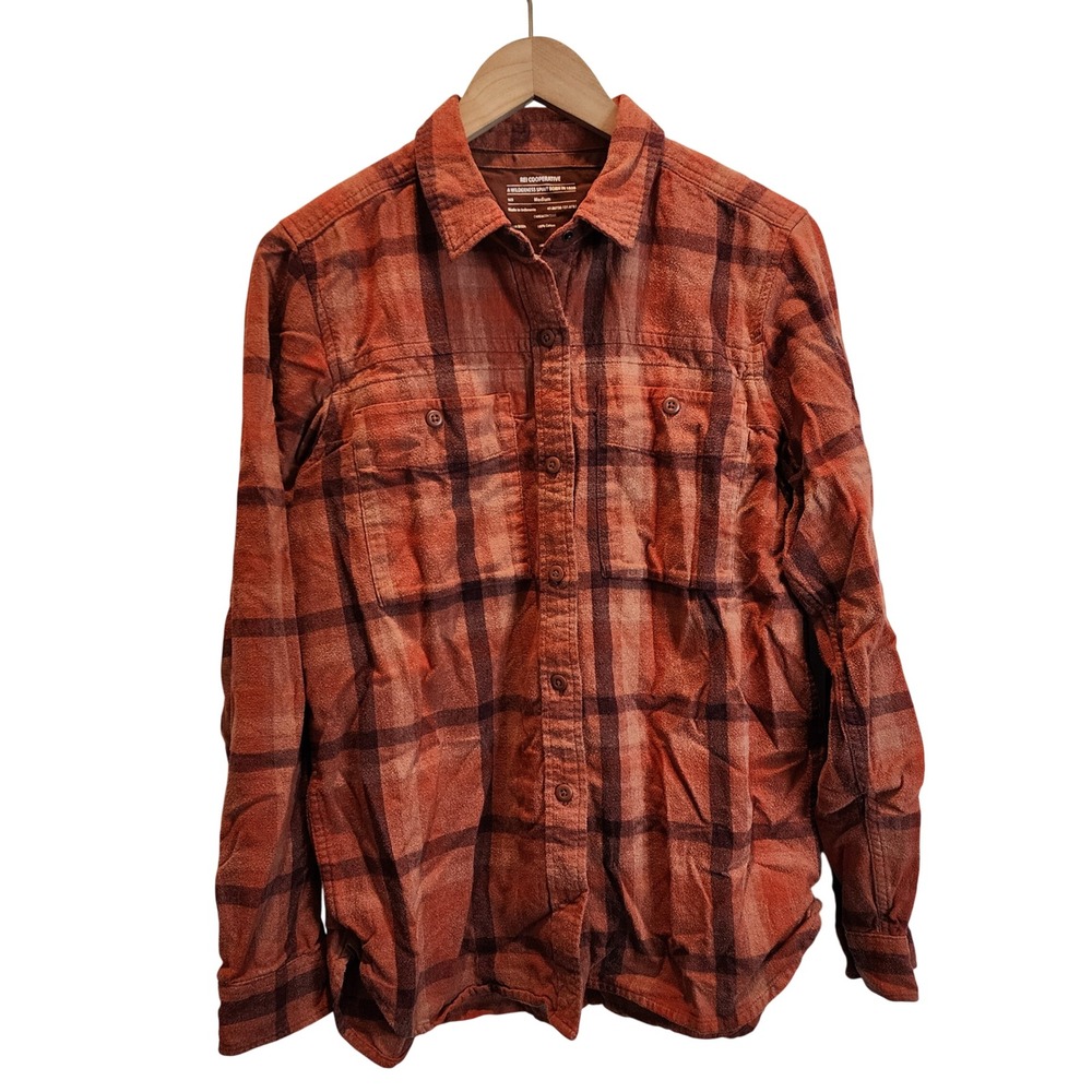 REI Co-op Flannel Shirt Mens Medium Orange Plaid Long Sleeve Cotton Button Up